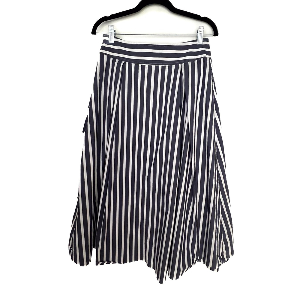 Halogen x Atlantic-Pacific Navy/White Striped A Line Midi Skirt Sz S Coastal - Picture 2 of 9